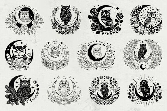 Boho Floral Owl SVG Bundle,Owl with Moon